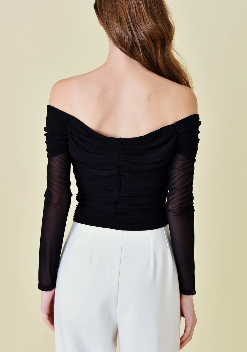 Ruched Off Shoulder Flower Accent Mesh Top – shop hey chick