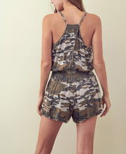Load image into Gallery viewer, Camo Racer Back Spaghetti Strap Smocked Waist Placket Romper