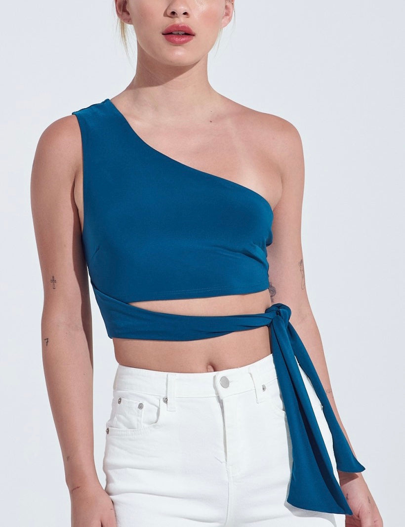 One shoulder tie waist crop online top