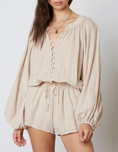 Load image into Gallery viewer, Long Sleeve Button Up Tie Waist Romper