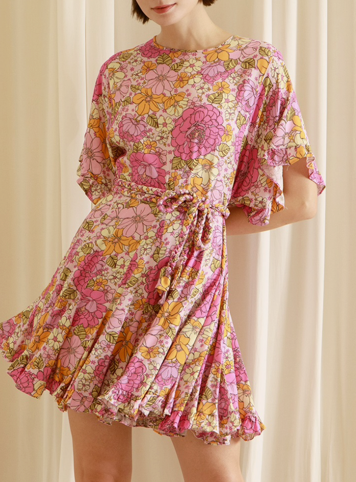 Short Sleeve Floral Braided Mini Dress
