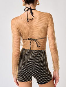 Long Sleeve Rhinestone Fishnet Dress