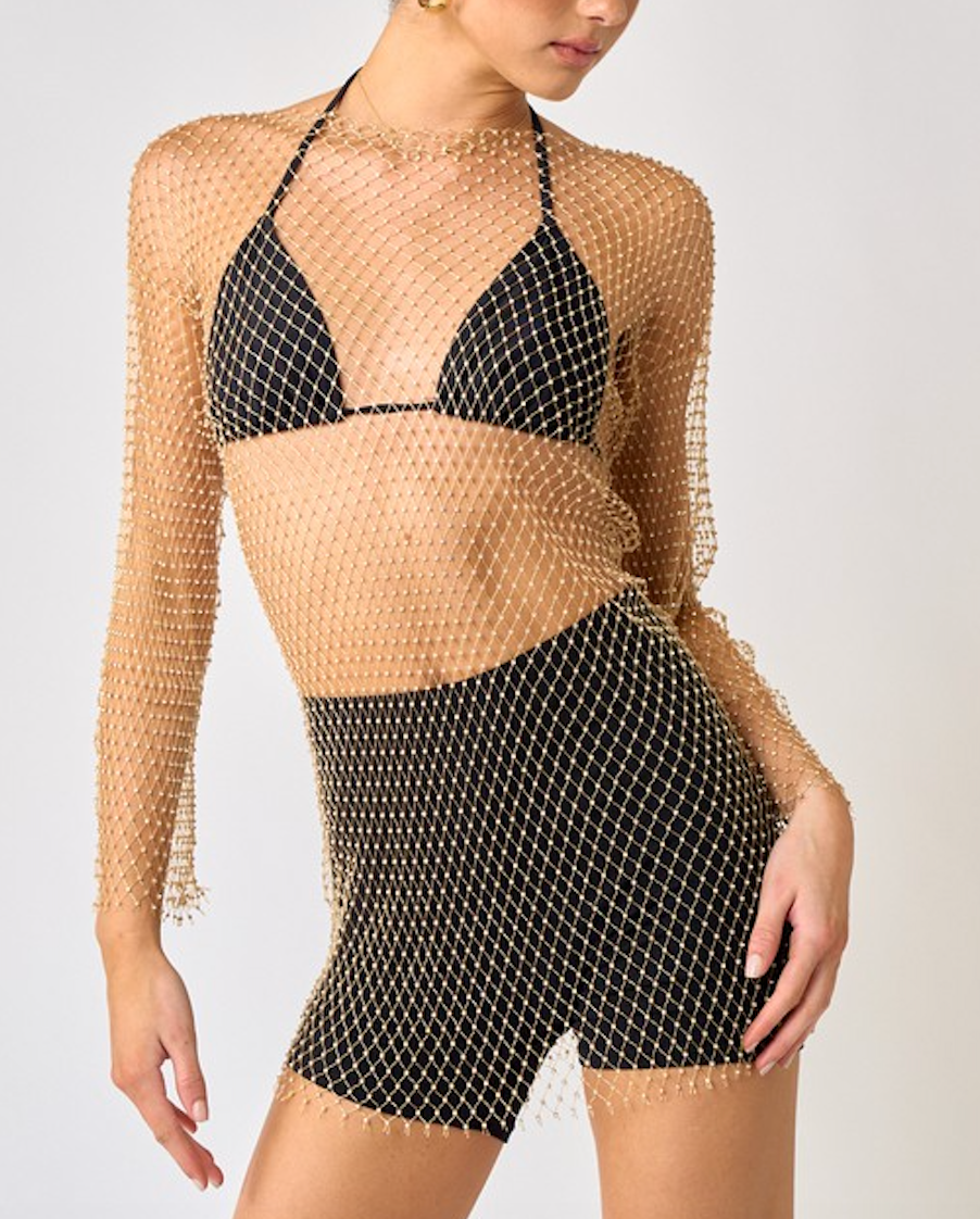 Long Sleeve Rhinestone Fishnet Dress