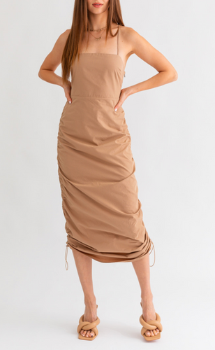 Sleeveless Ruching Tie Back Midi Dress