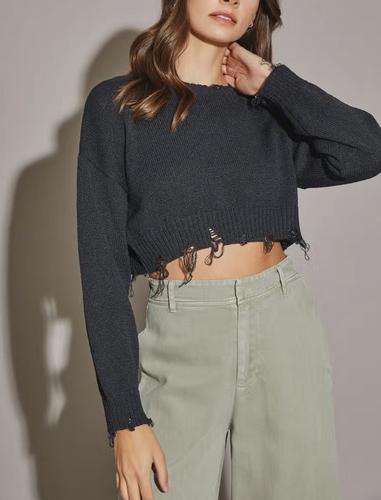 Long Sleeve Distressed Cropped Sweater