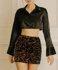 Long Sleeve Satin Button Up Cropped Top