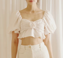 Load image into Gallery viewer, Puff Sleeve Rose Peplum Cropped Top