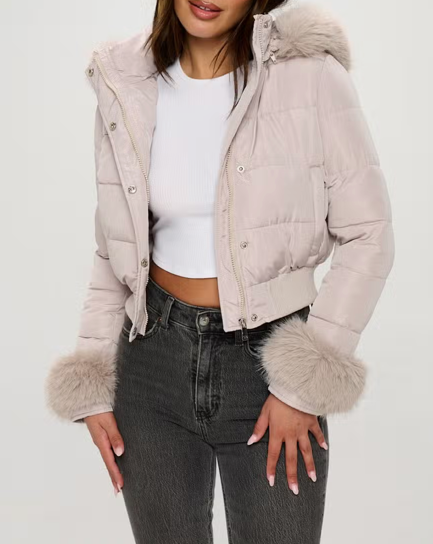 Cropped puffer jacket with shop faux fur hood