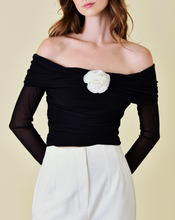 Load image into Gallery viewer, Ruched Off Shoulder Flower Accent Mesh Top