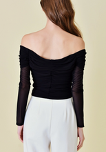 Load image into Gallery viewer, Ruched Off Shoulder Flower Accent Mesh Top
