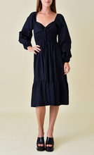 Load image into Gallery viewer, Puff Sleeve Drawstring Front Midi Dress