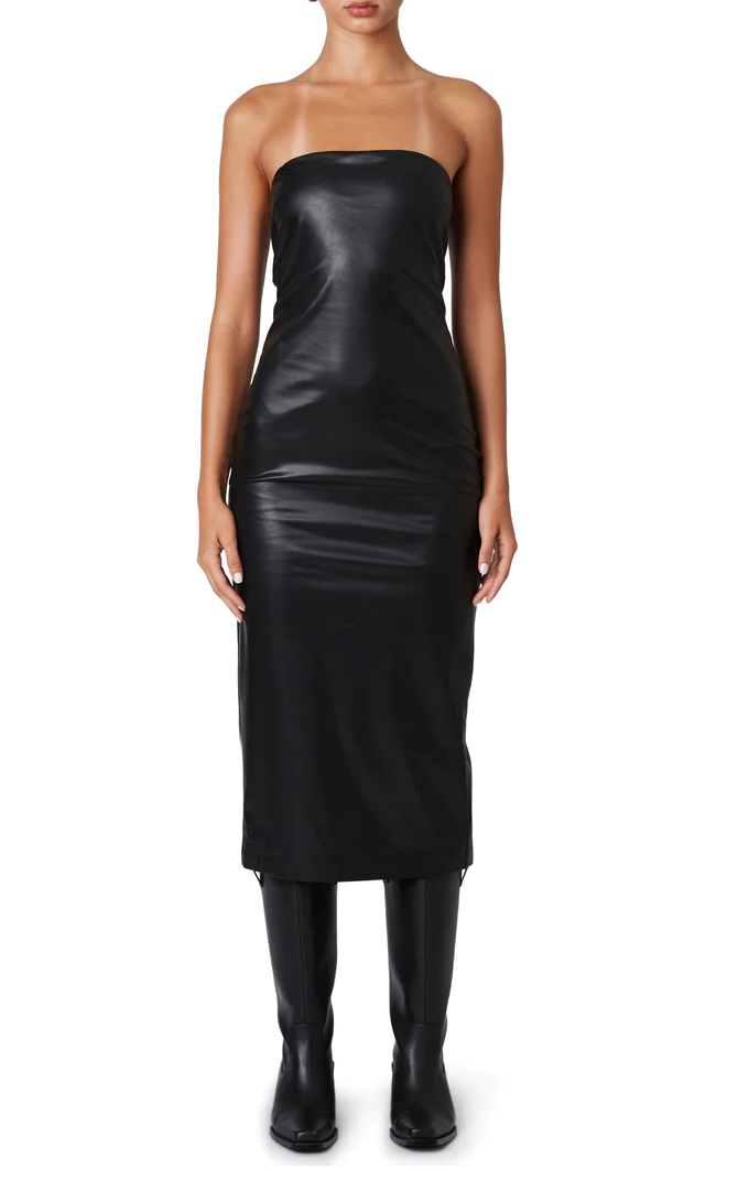 Strapless Vegan Leather Midi Dress