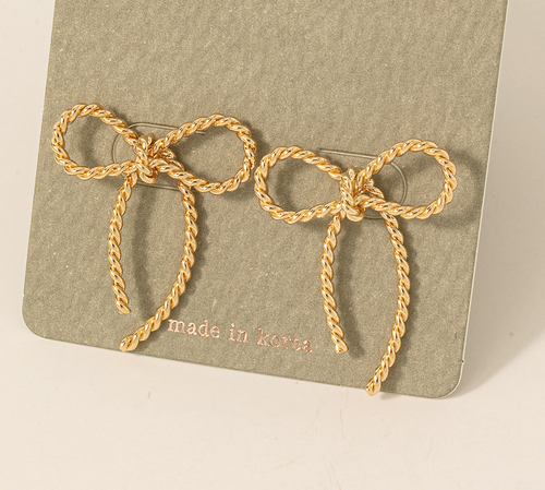 Metallic Twisted Wire Ribbon Bow Stud Earrings