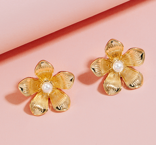 Pearl Stud Metallic Flower Stud Earrings