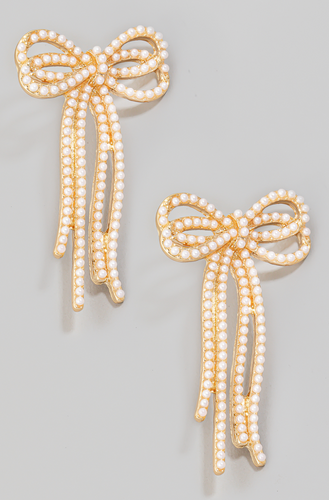 Pave Pearl Long Ribbon Bow Stud Earrings