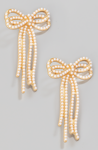 Pave Pearl Long Ribbon Bow Stud Earrings