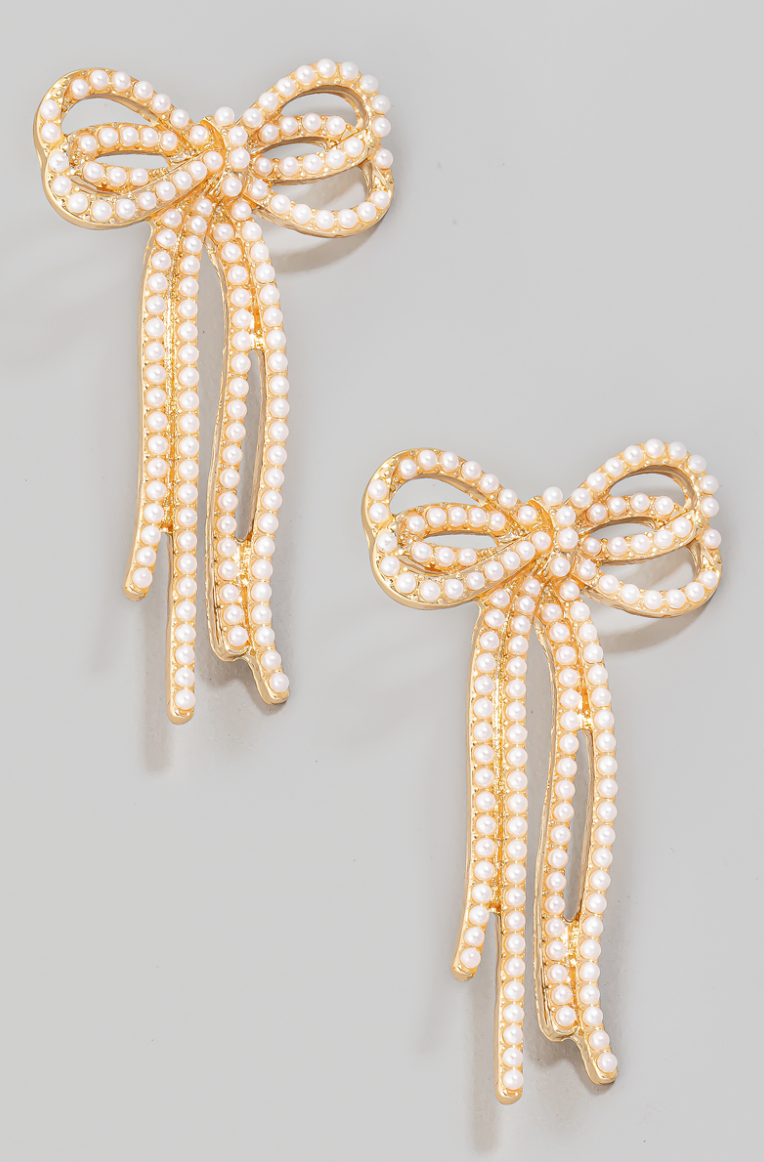 Pave Pearl Long Ribbon Bow Stud Earrings