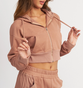 Contrasted Cropped Zip Up Hoodie