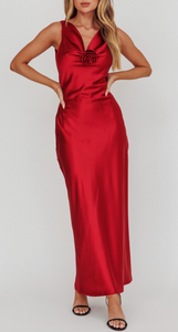 Cowl Neck Rosette Satin Maxi Dress