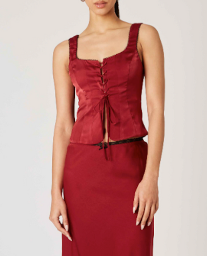 Sleeveless Satin Lace Up Front Corset Top