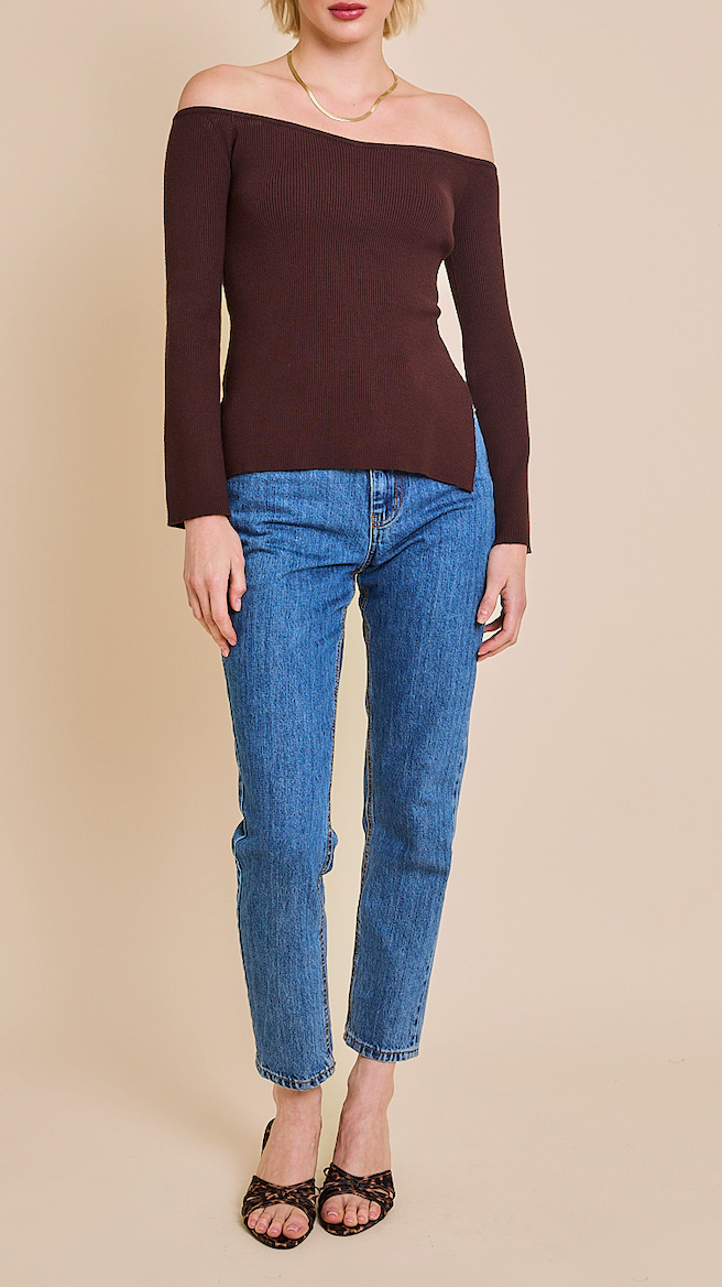 Off Shoulder Side Slit Ribbed Knit Sweater – shop hey chick