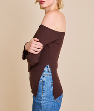 Load image into Gallery viewer, Off Shoulder Side Slit Ribbed Knit Sweater