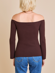 Off Shoulder Side Slit Ribbed Knit Sweater