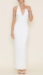 V Neck Pearl Halter Side Slit Maxi Dress