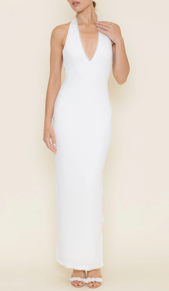 V Neck Pearl Halter Side Slit Maxi Dress