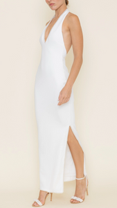 V Neck Pearl Halter Side Slit Maxi Dress