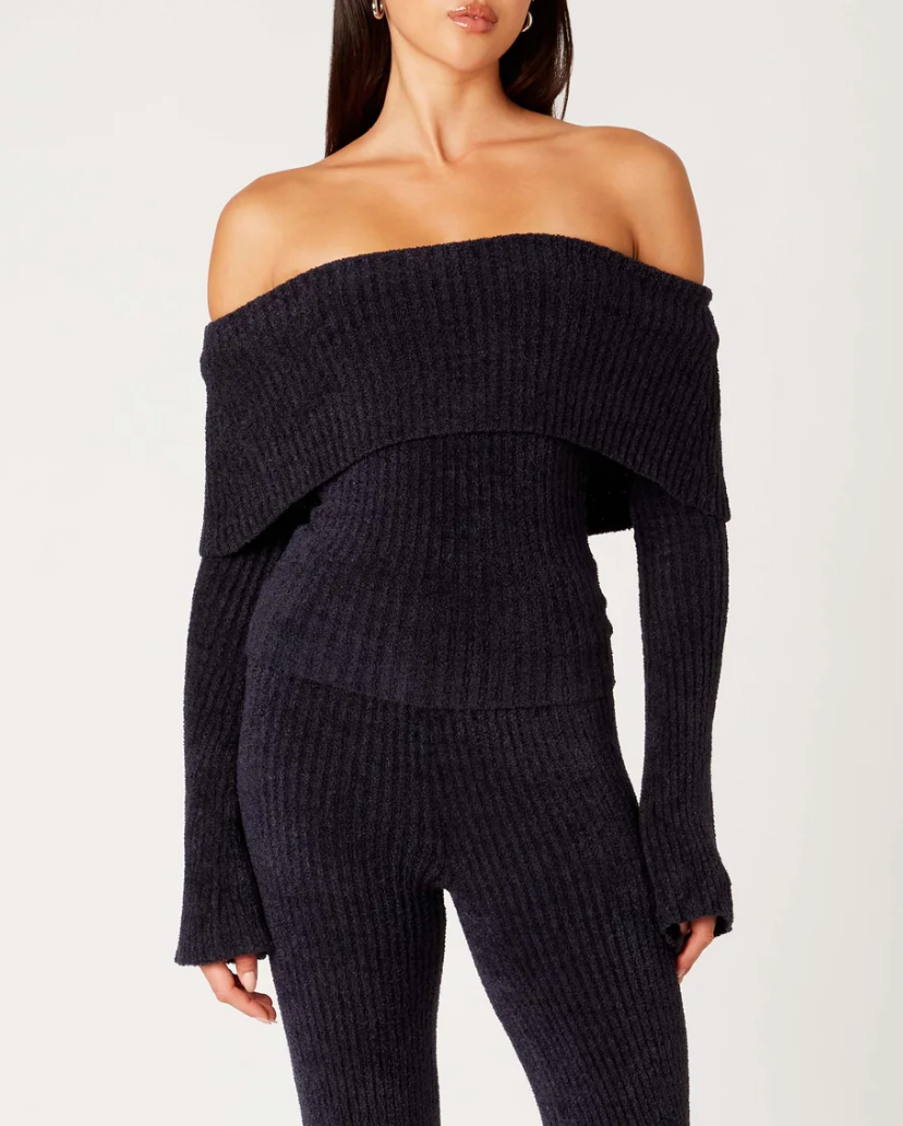 Off Shoulder Bell Sleeve Ribbed Sweater