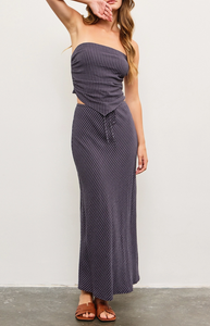 Drawstring Diagonal Stripe Back Slit Maxi Skirt