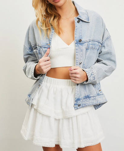 Drop Shoulder Back Pleated Denim Jacket