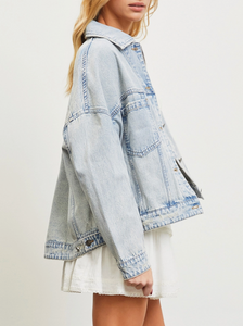 Drop Shoulder Back Pleated Denim Jacket