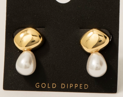 Gold Dipped Oval And Pearl Stud Earrings