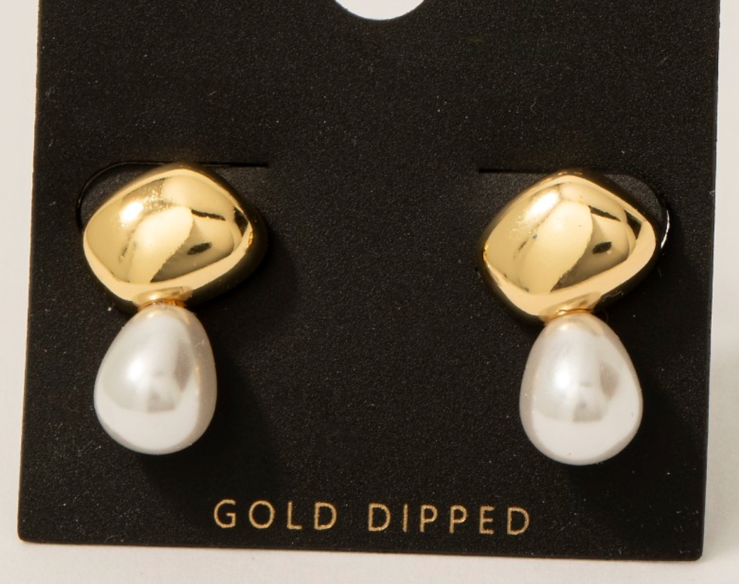 Gold Dipped Oval And Pearl Stud Earrings