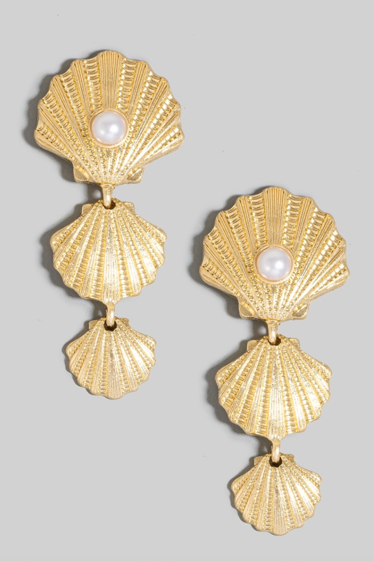 Pearl Stud Triple Clam Shell Dangle Earrings