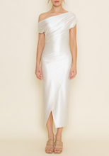 Load image into Gallery viewer, Off One Shoulder Silky Draped Midi Dress