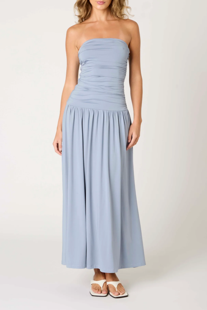Strapless Ruched Drop Waist Midi Dress