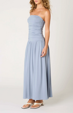 Load image into Gallery viewer, Strapless Ruched Drop Waist Midi Dress