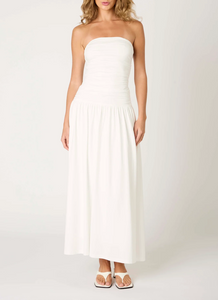 Strapless Ruched Drop Waist Midi Dress