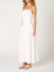 Strapless Ruched Drop Waist Midi Dress