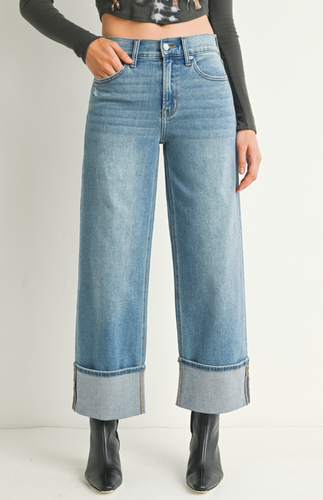 Cuffed Slim Wide Leg Jeans