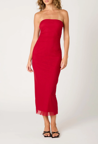 Strapless Mesh Overlay Bodycon Midi Dress