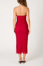 Load image into Gallery viewer, Strapless Mesh Overlay Bodycon Midi Dress