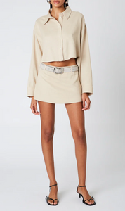 Long Sleeve Linen Button Down Cropped Top