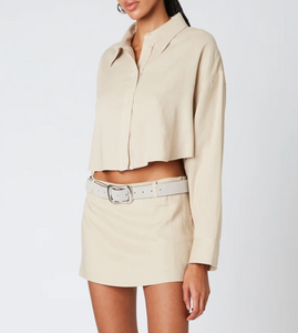 Long Sleeve Linen Button Down Cropped Top