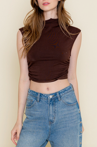 Mock Neck Cap Sleeve Ruched Crop Top