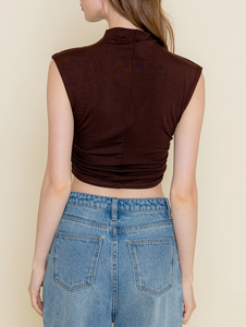 Mock Neck Cap Sleeve Ruched Crop Top