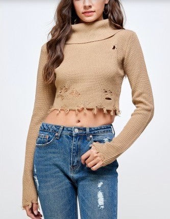 Distressed Long Sleeve Turtleneck Sweater